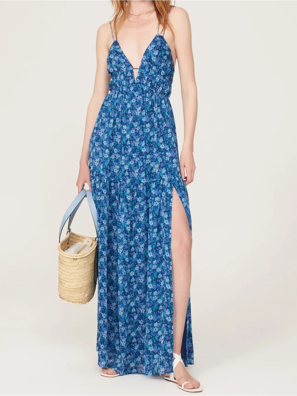 ASTR the Label Ryliana Blue Floral Maxi Dress Open Back Lace Up